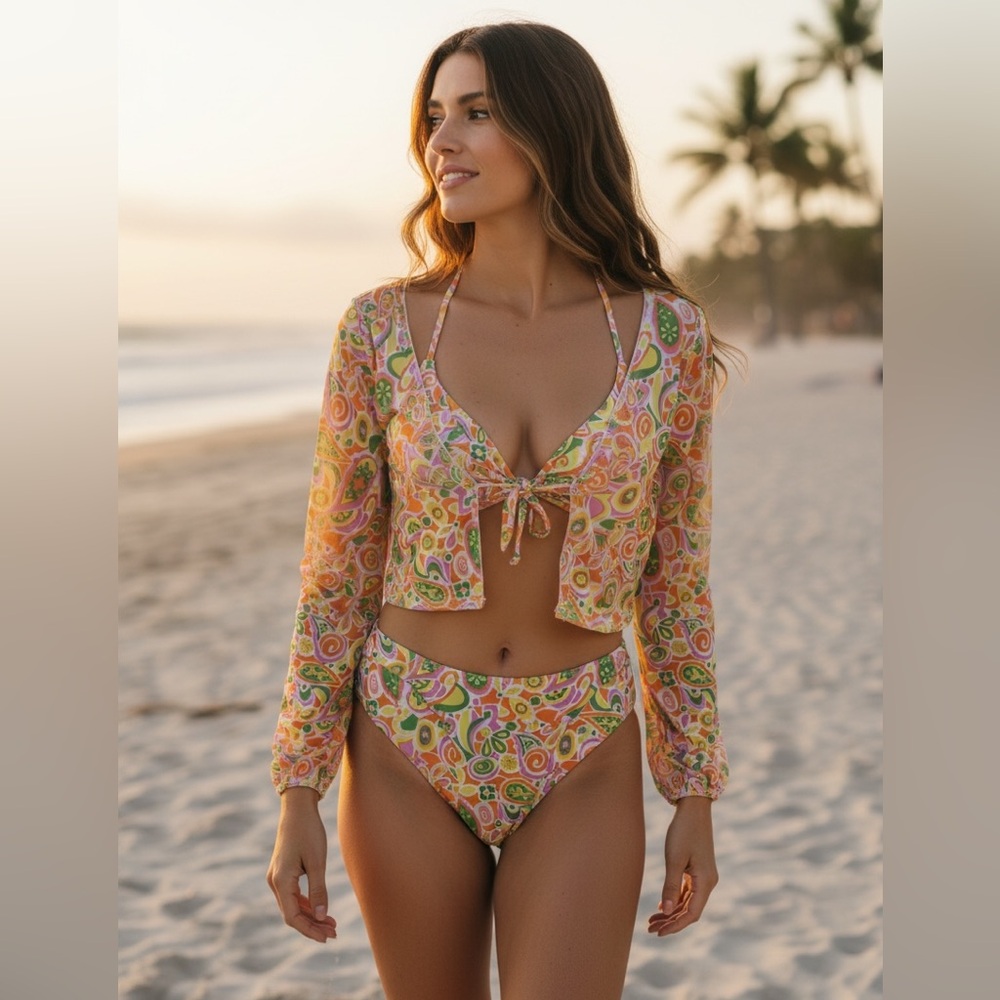 Aurelle 3pc Retro Paisley Bikini Set Mesh Tie Cover Up Top Size L NWT Resort